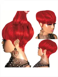 Red Colored Wig Straight Wig Pixie Cut Wig for Women Halloween Wig Full Machine Made Wig 150% Density 6 Inch