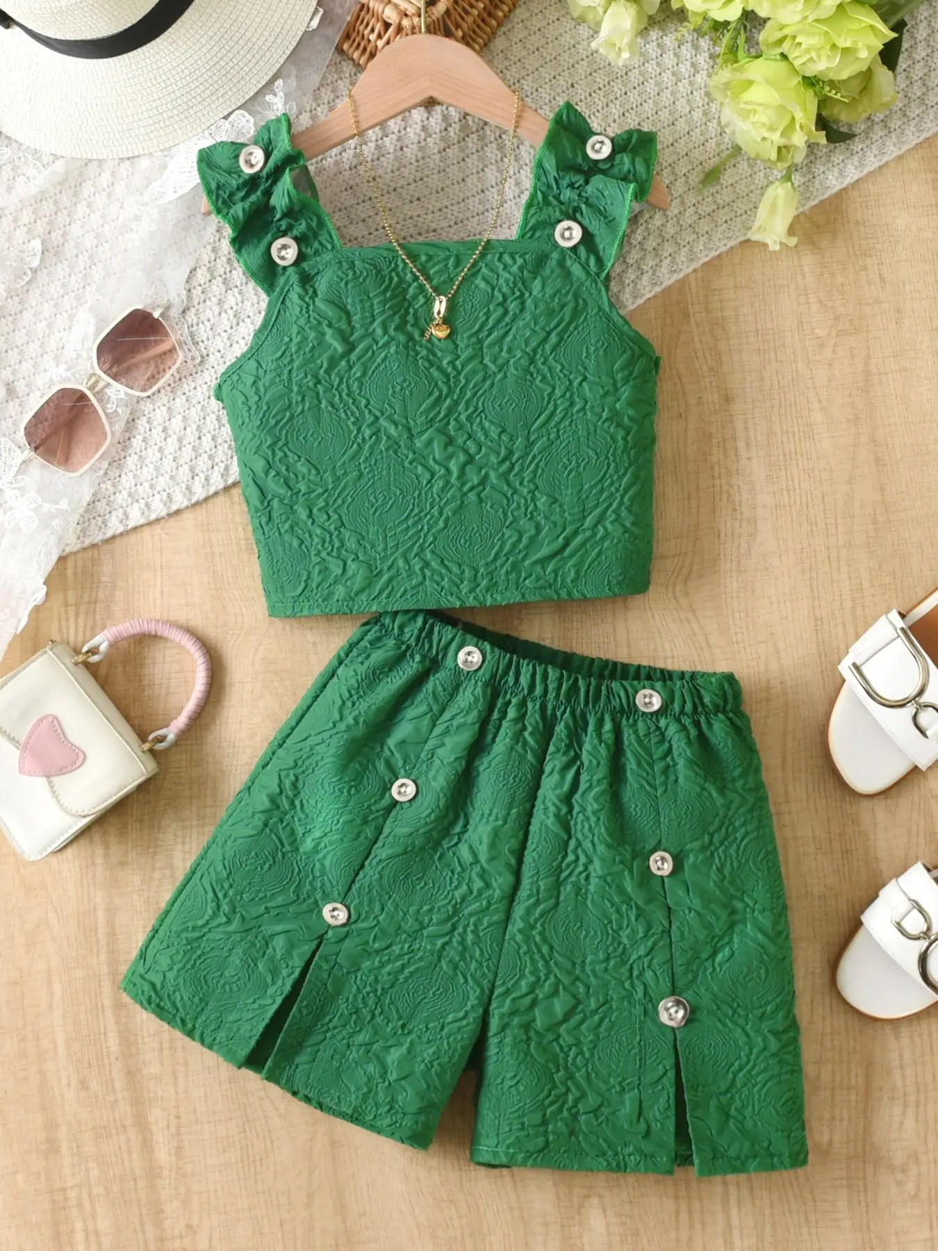 Two-Piece Set Girl's Off Shoulder Crop Top & Lace Trim Shorts, Casual Fashion Top & Shorts for Daily Outdoor Wear, Kids Clothing for Summer