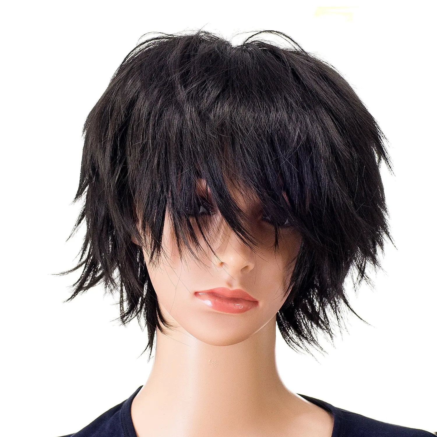 High Quality Synthetic Fiber Layered Wig, Unisex Fashion Spiky Short Anime Synthetic Costume Wig for Role Play (1B-Off Black), High Quality Wigs, Role Play Wig