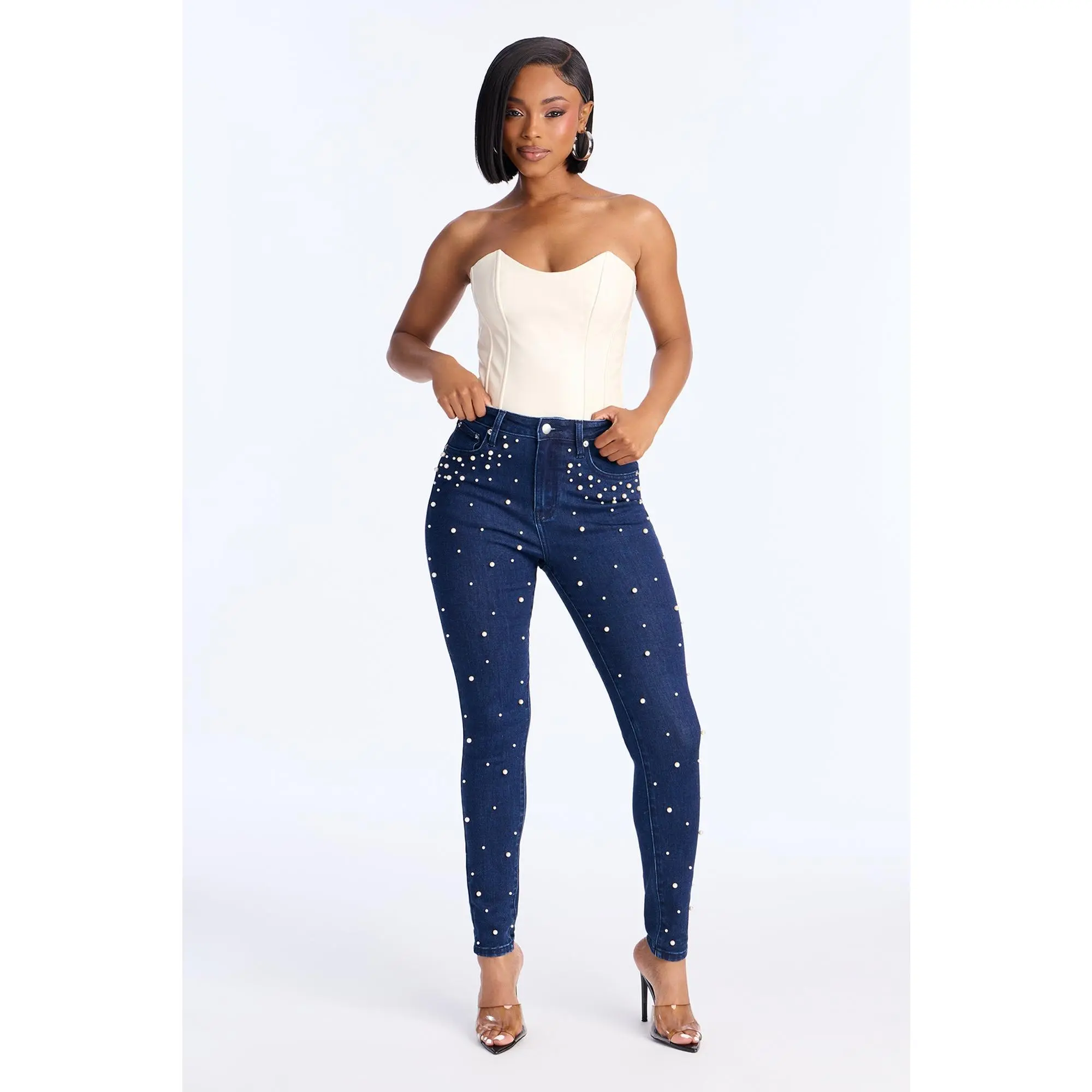 Dripping In Pearls Embellished Skinny Jeans - Dark Wash