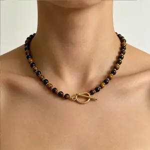 Natural 6mm Tiger's Eye Beaded Necklace  Natural Protection Crystal with Gold Toggle Clasp, Unisex Statement Choker