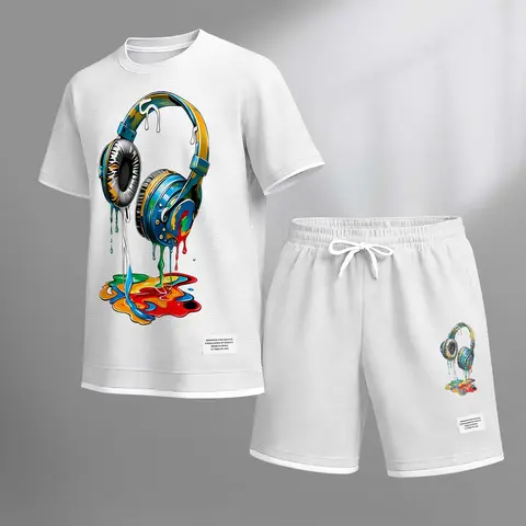 Men's Colorful Headphones Print Drawstring Shorts Set For Spring/Summer. Including A Short-Sleeved Shirt And Shorts, Suitable For Everyday Wear And Sports. A Two-Piece Set For A Relaxed And Energetic Lifestyle.