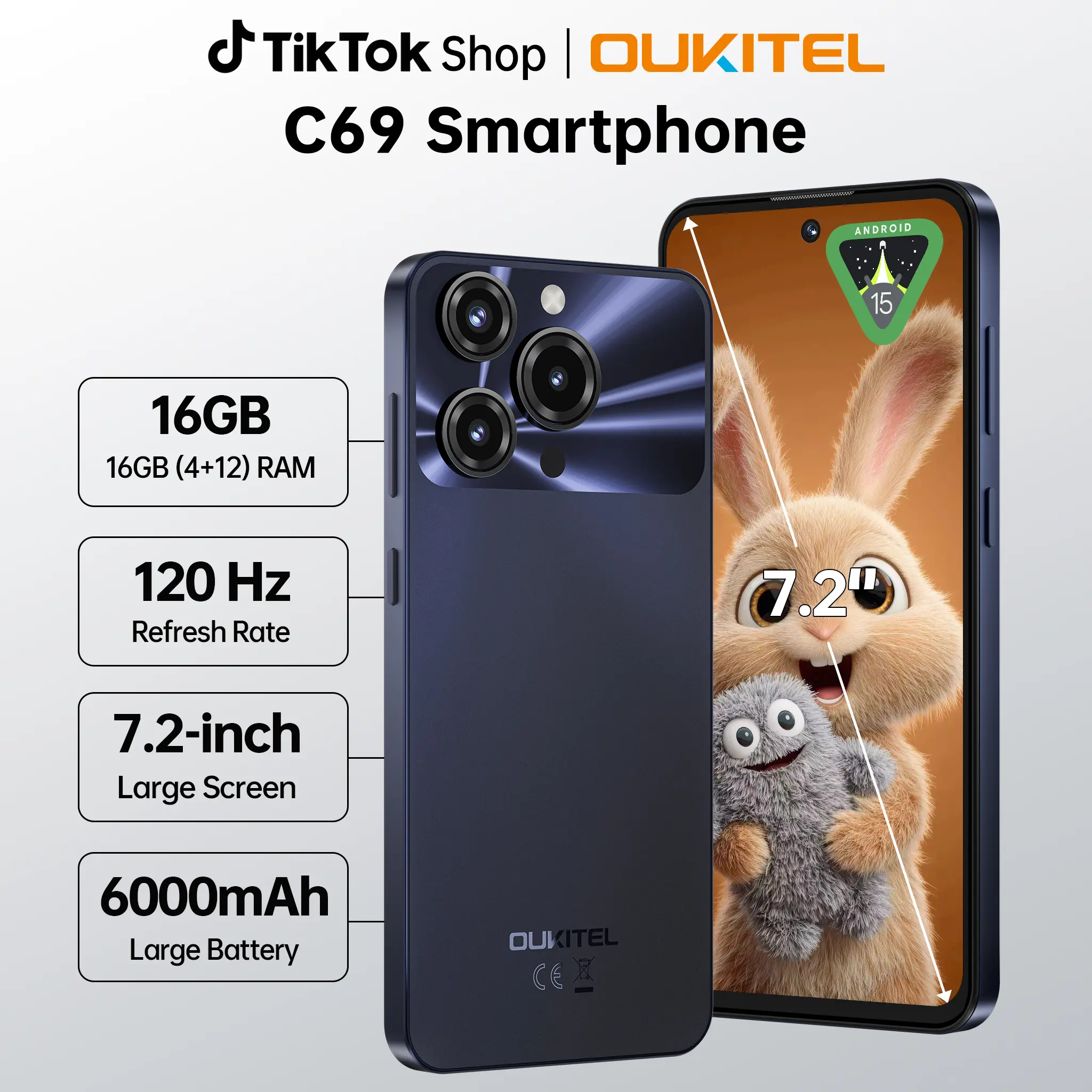 OUKITEL C69 Cell Phone Unlocked，7.2''HD + 120Hz Display，24GB(8+