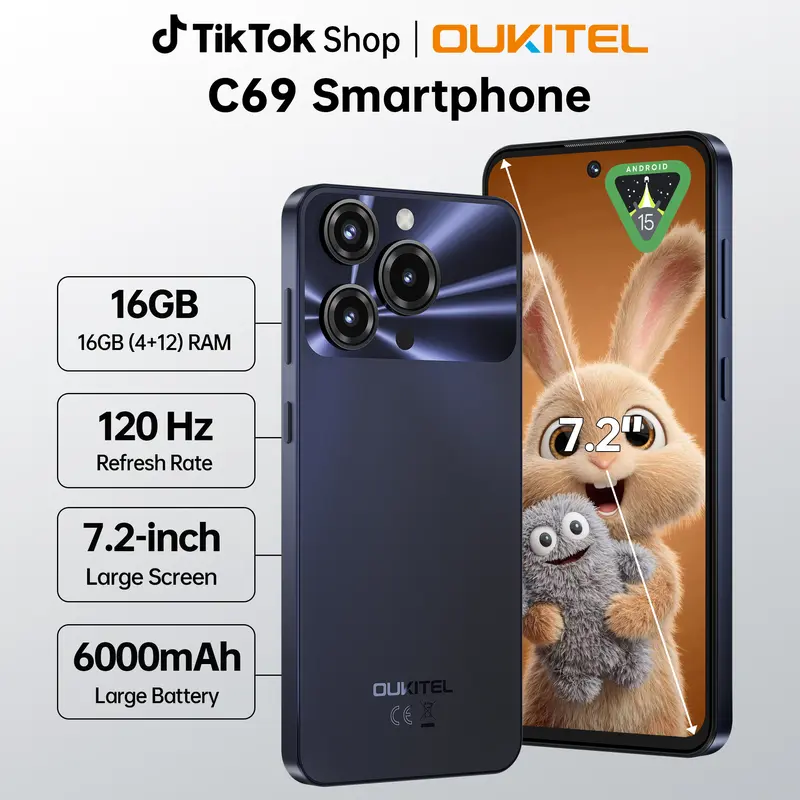 OUKITEL C69 Unlocked Cell Phone, 7.2''120Hz Display, 16GB(4+12)+
