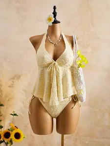 Women's Sexy Two-Piece Bikini Set, Tummy Control Slimming Beachwear, Summer Floral Wireless Swimsuit, Casual All-Season Swimwear, Halter Bikini