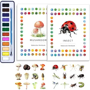 2Pcs Watercolor Workbook Creative Water Color Paint Book Set with Paints & Brush, 12 Original DIY Patterns, Beginner-Friendly Adult Coloring Books (Insect & Mushroom)