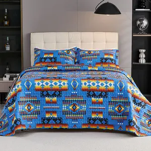 Southwestern Aztec Geometric Quilted Bedspread Set, Tribal Native American Print Bedding with Pillow Shams, Lightweight All Season Bohemian Quilt for Queen/King Size Bed