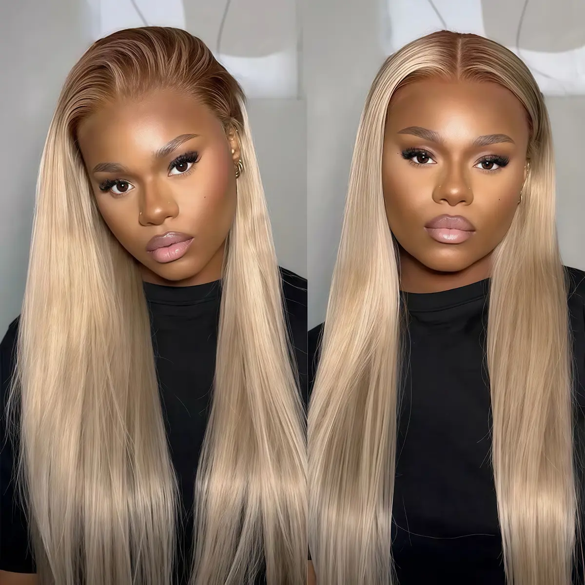 Brown Ash Blonde Human Hair Straight Wigs 13x4 Lace Frontal Transparent HD Wig Pre Plucked for Girls 200 Density Ombre Brown Roots Blonde Brazilian Hair Wig