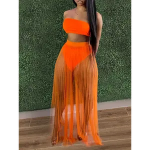 Women 3 Piece Swimsuit Set - Bandeau Bikini And Fishnet Hollow Out Beach Maxi Dress Cover Ups Party Skirts, Clubwear Set - For Women - Summer Beachwear - Perfect Gift for Vacation Minimalist Short Basic Comfort Womenswear