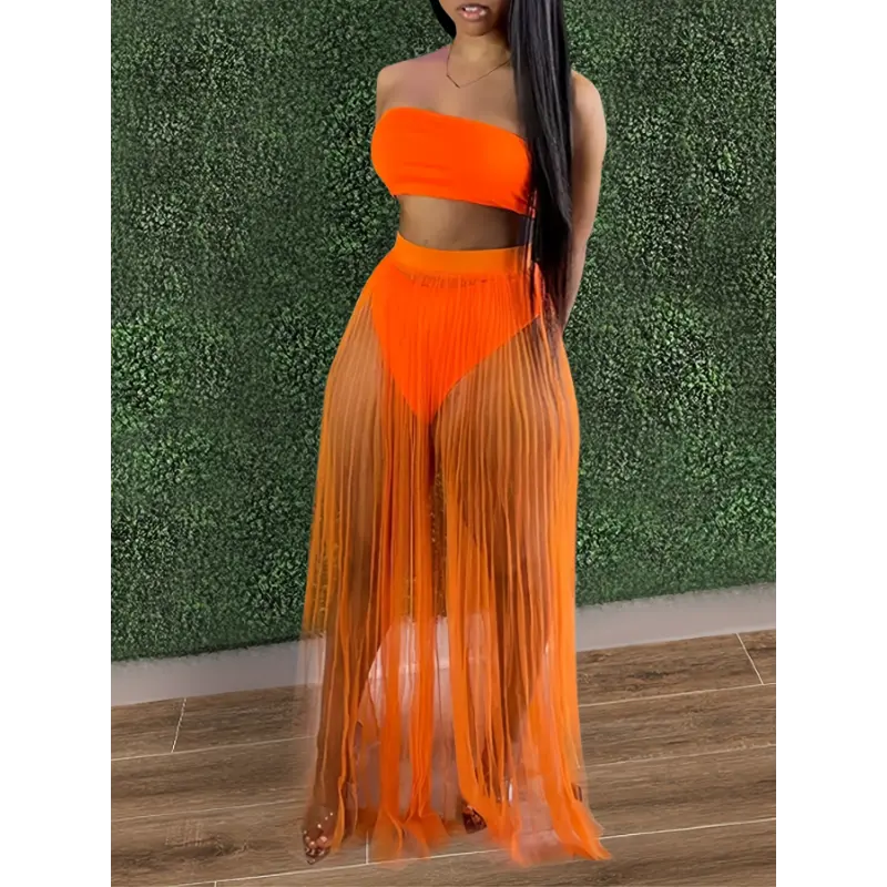 Women's 3-Piece Sexy Beach Clothing Set - Bandeau Swimsuit, Fishnet Hollow-Out Maxi Dress Cover-Up, Club Ibiza Skirt & Top Set, Polyester Blend Women's Clothes for Summer Vacation Gift, Bathing Suits, Club Ibiza Skirt & Top Sets