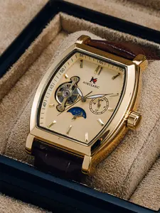 Luxury Automatic Mechanical Watch for Men, Analog Dial, Leather Strap, Moon Phase Display, Minimalist Barrel Design, No Battery Needed