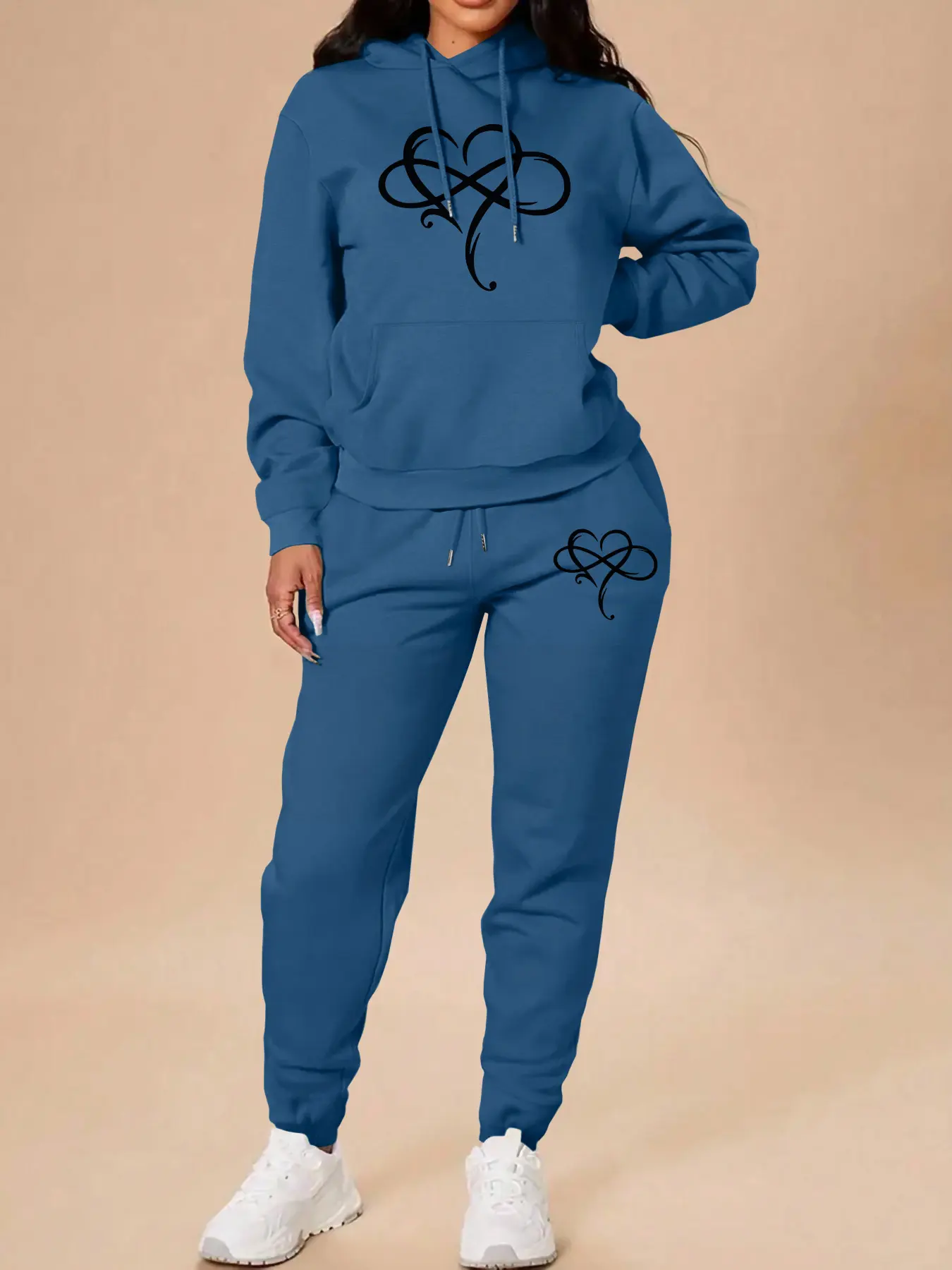 Valentine's Day Fashion Casual Heart Print Hooded Sweatshirt + Long Pants Set, Sweatsuit Set Outfit, Hoodie Sweatpants Set, Fall & Winter Sportswear, Home & Outdoor Wear