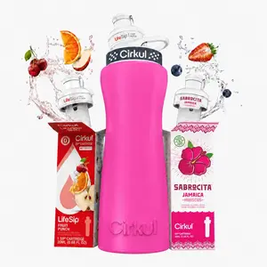 Cirkul 42oz Pink Stainless Steel Water Bottle Starter Kit, Black Lid, 2 Flavor Cartridges, Sugar Free Zero Calorie Hydration Drink Mix