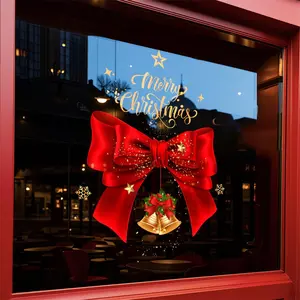 Christmas Glass Window Decal, 45cmx60cm PVC Sticker, Bow, Gold Bell, Snowflake Design, Suitable for home decoration to create a festive atmosphere, and the shop window layout is detachable.