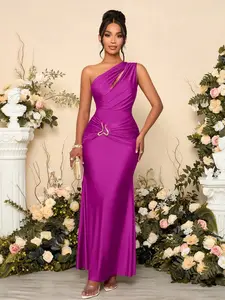 Women's Solid Color Hollow Asymmetric Neck Metal Decorated Bodycon Dress Long Maxi Women Outfit