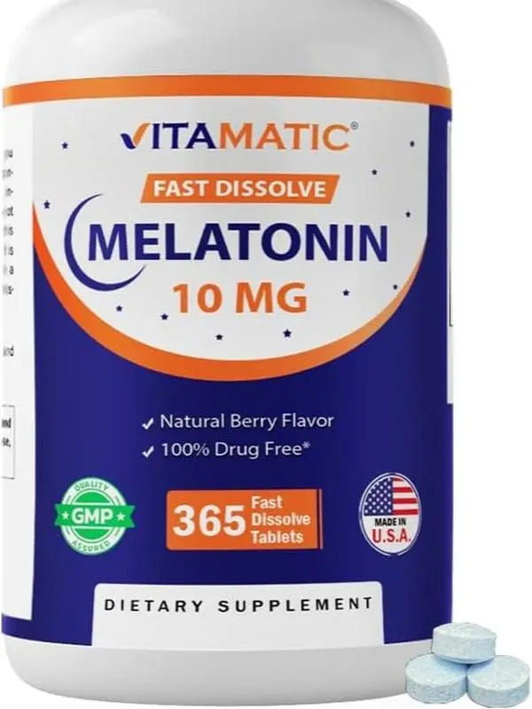 Vitamatic Melatonin 10 mg Fast Dissolve Tablets – Quick-Dissolving Sleep Support Supplement for Adults – Vegetarian, Non-GMO & Gluten-Free – Natural Berry Flavor – 365 Tablets