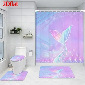 4-Piece Bathroom Sets Full Set Iridescent Mermaid Scale Pattern Four-Piece Curtain Set Elegant Decor Shower Bath funny Accessories U-Shaped floor Seat Cover Cushion Toilet Lid Rug Carpet Non-Slip  Shape Mat Gifts Style toilet waterproof