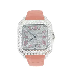 Moissanite Diamond Pink Leather Watch Designer Men Women New