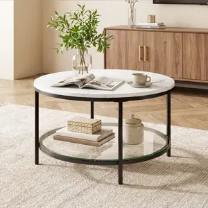 31-Inch Round Marble Coffee Table with Glass Top, 2-Tier Center Table with Storage Shelf, 50LBS Capacity, Gold/Black Modern Living Room Table