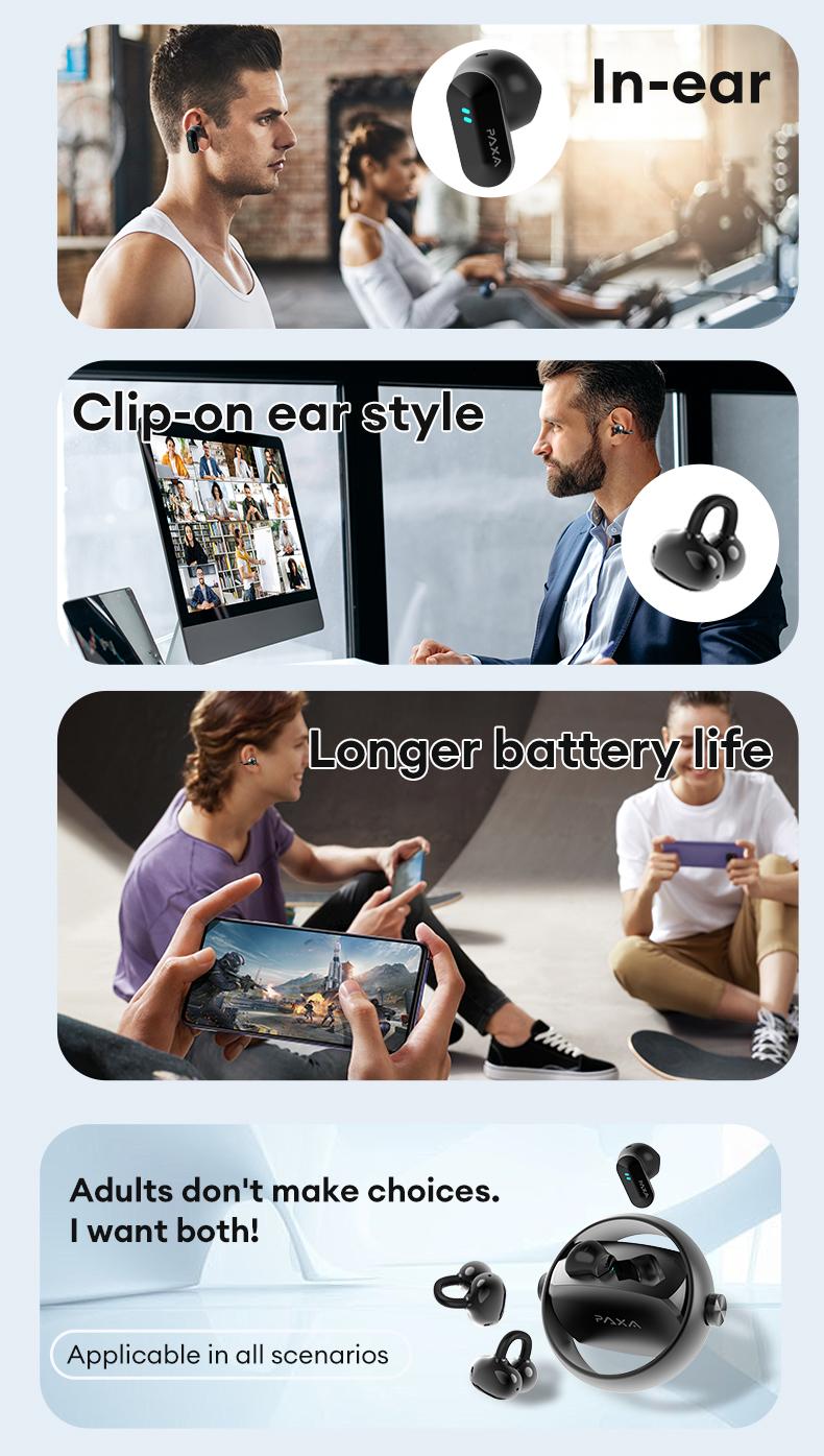 PAXA Ctbuds In-ear & clip-on 2-in-1 wireless Bluetooth Headphones, Bluetooth 6.0 ,Comfortable Wearing & IPX5 Waterproof Sports Earbuds for Work, Fitness ,Two earphones connected at the same time for uninterrupted listening ,Couple earphones