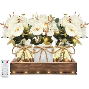 Holiday Deal Mason Jar Centerpiece Table Decor for Dining Room - Easter Table Decorations with Farmhouse Wood Tray and Remote Control LED Fairy Lights for Coffee Table Home Decor Living Room Wedding