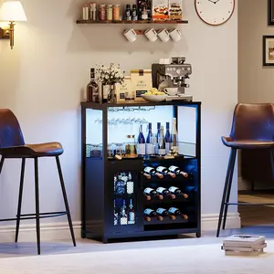 Black Multi-Functional Indoor Furniture Cabinet - Wine Bar with LED Light, Detachable Wine Rack, Glass Holder, Coffee Bar, Small Sideboard with Door for Kitchen, Living Room Storage