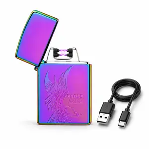 Rechargeable dual-arc electronic lighter, USB-C flamelesspocket lighter with a rainbow metal casing and embossedeagle design, suitable for outdoor use, camping, andaromatherapy lighting.