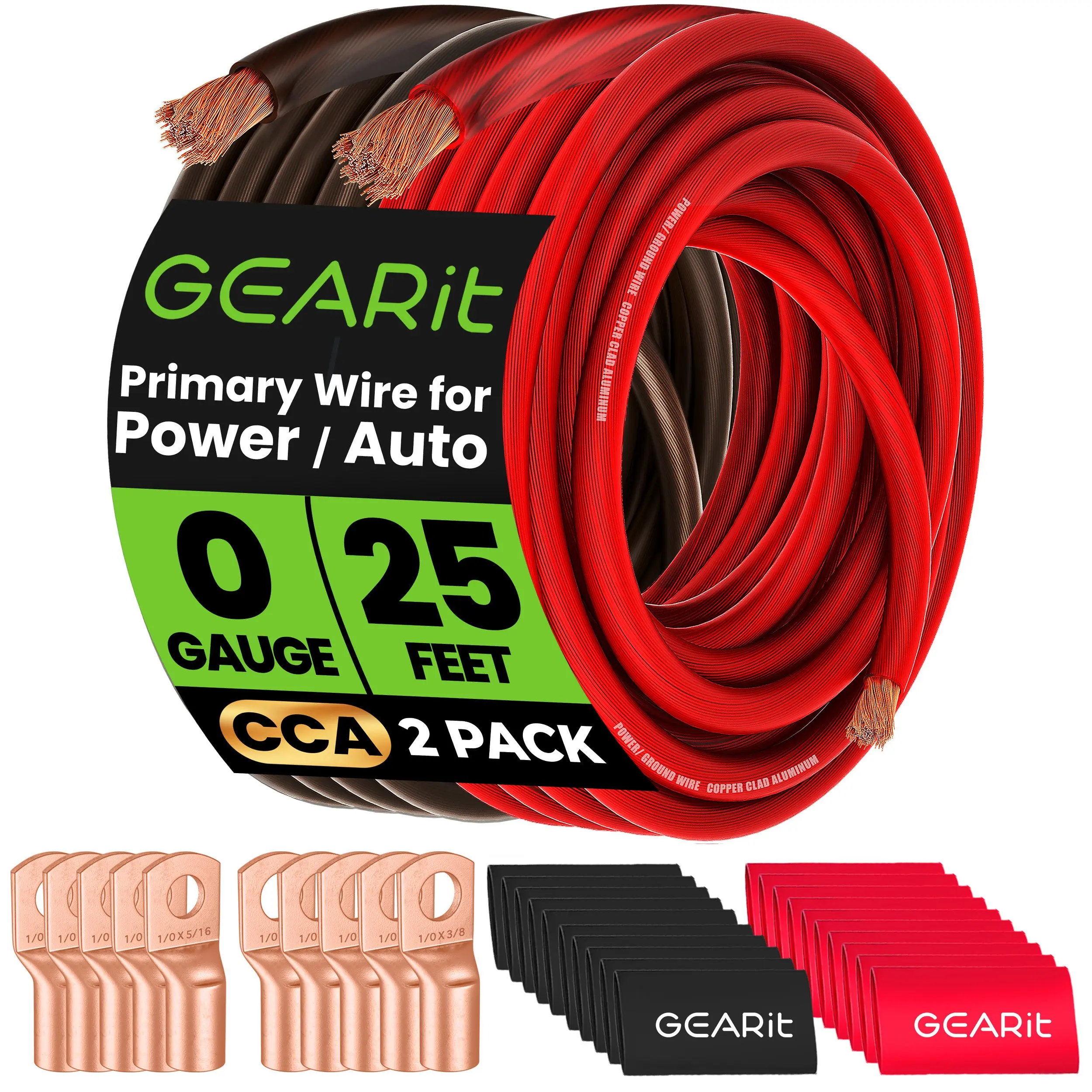 1/0 Gauge Wire Amp Wiring Kit (25 feet Each - Black & Red) Include 10 Lugs, 20 Heat Shrink Wrap, CCA Wire Copper Wire Copper Wire Cable, Heavy Wire, Ground Kit