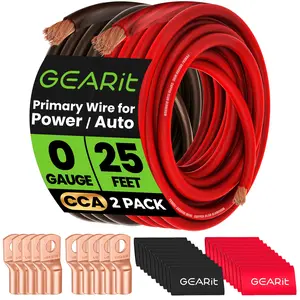 1/0 Gauge Wire Amp Wiring Kit (25 feet Each - Black & Red) Include 10 Lugs, 20 Heat Shrink Wrap, CCA Wire