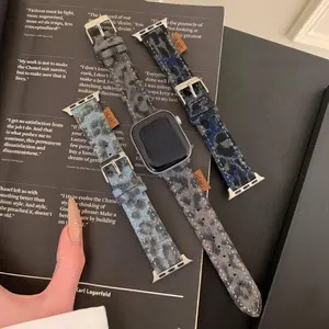 Vintage Leopard Print Denim Leather Band, Retro Fashion Accessory Compatible with Apple Watch 6 To 10 And SE for Daily Casual Street Wear (Strap Only)