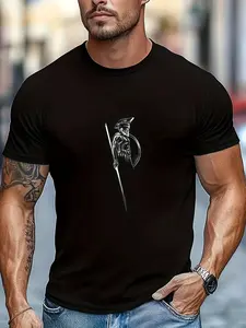 7.5oz Men's Cotton Short Sleeve T-Shirt, Spartan Warrior Print, Slim Fit, Comfortable and Breathable, Casual Daily Wear, Adult Fashion Clothing