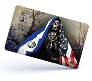 Santa Muerte Credit Card Skin Cover Vinyl Stickers (4 Pack) - Holy Death with El Salvador & USA Flag Sticker Salvadorian