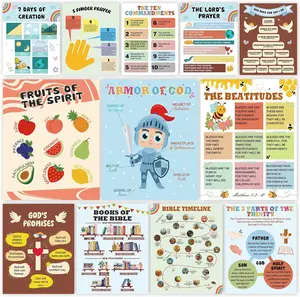 12 Pcs Sunday School Decorations for Classroom, 11" x 14" Books of the Bible Poster for Classroom Decor, Fruits of the Spirit Wall Decor, Christian Bulletin Board Sets, 10 Commandments & More