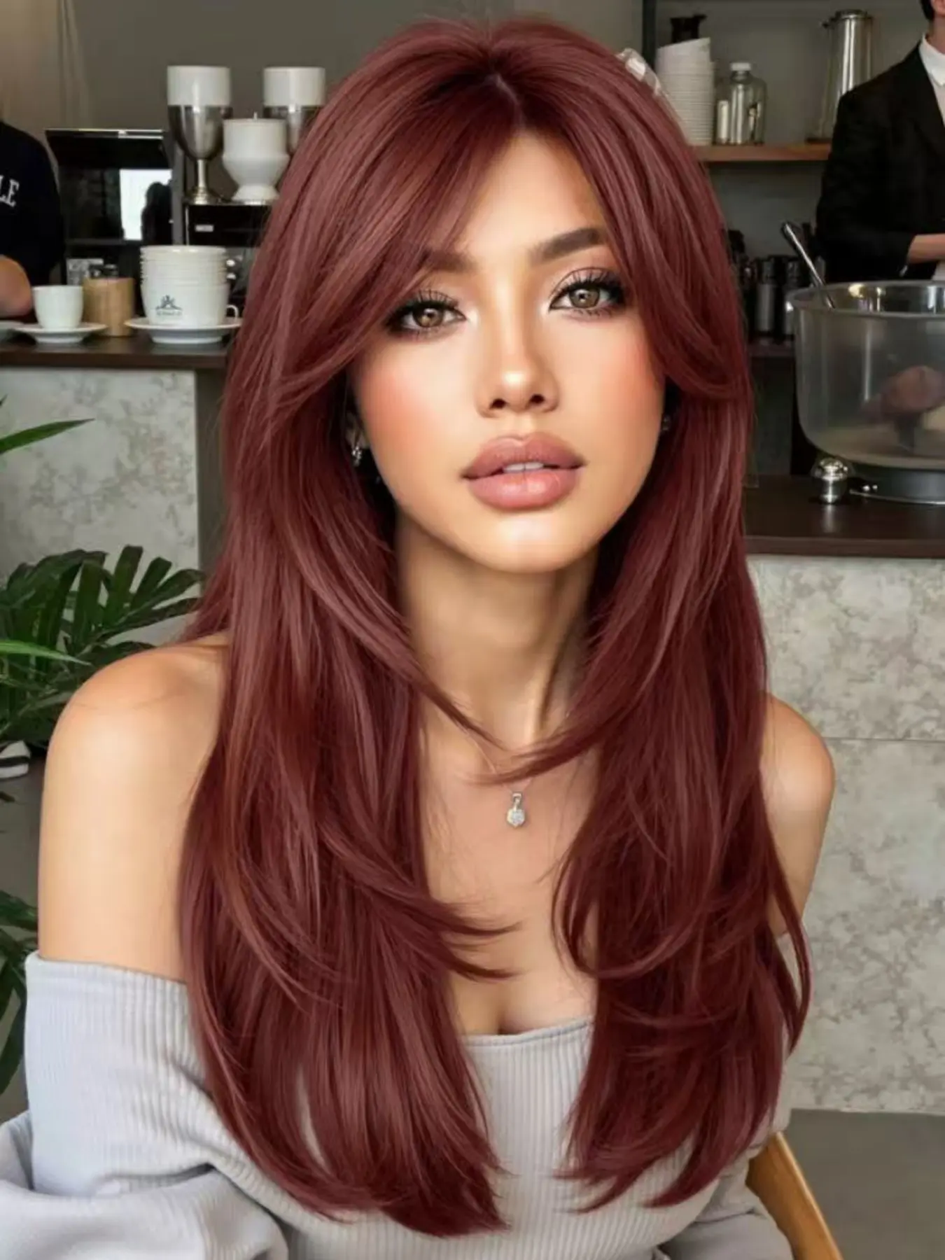24 Inch Fashionable New Long Straight Burgundy Layered Wigs and Bangs Synthetic Wigs With Bangs Wig for Women Suitable for Ordinary Work, Life and Dance Parties and All Occasions