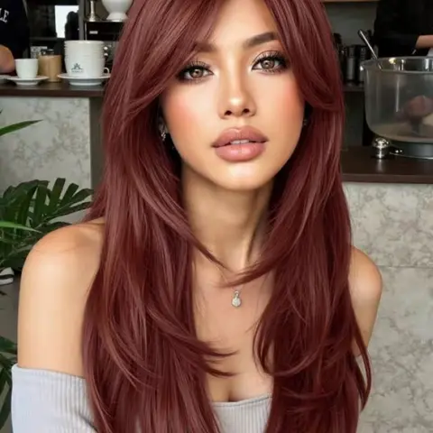 24 Inch Fashionable New Long Straight Burgundy Layered Wigs and Bangs Synthetic Wigs With Bangs Party Wig for Women Suitable for Ordinary Work, Life and Dance Parties and All Occasions