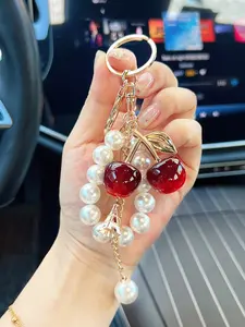 1 Pc Fashion Cherry Design Imitation Pearl Chain Keychain Pendant, Women's Charming Dual Cherry Car Key Ring Gift Ready, Shiny Tower, Three Colors Available