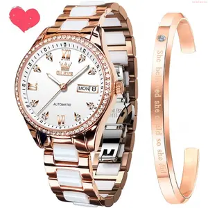 OLEVS Watch OLEVS Automatic Watches for Women Mechanical Diamond Love Heart Dial Rose Gold Ceramic Band Waterproof Luminous Date Ladies Watches