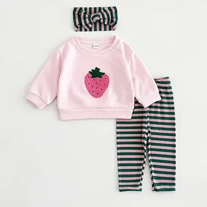 Baby Outfit Strawberry Patchwork Pink Round Neck Loose Sweatshirt + Striped Comfortable Trousers + Cute Versatile Headband Toddler Spring Autumn Sweet Set