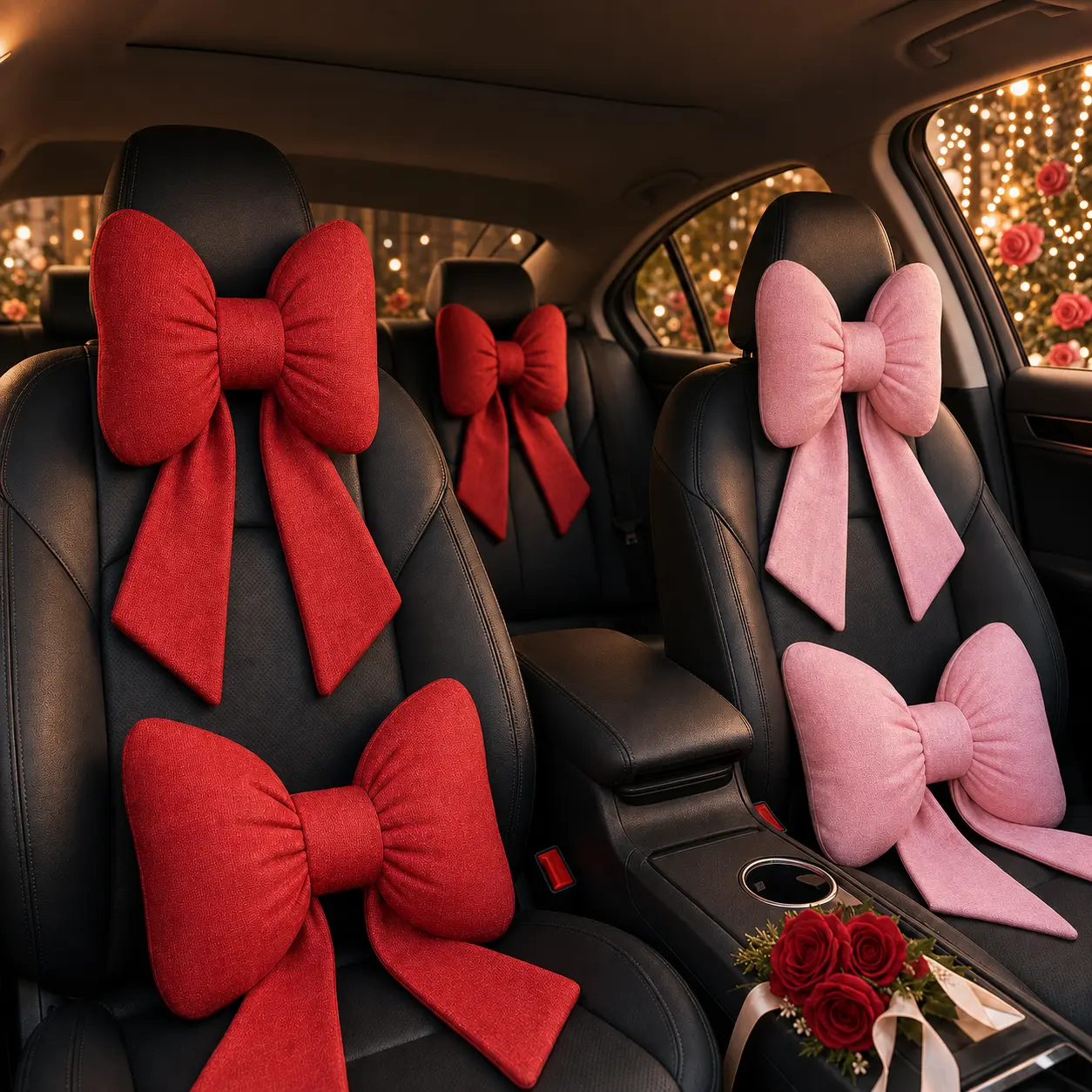 2-Piece Plush Bow Car Neck Pillow & Lumbar Support Set - Cars Accessories, Soft Fabric Driving Cushion, Cute Ribbon Headrest, Elastic Strap Back Support, Girly Interior, Fatigue-Relieving Gift (Red/Pink)
