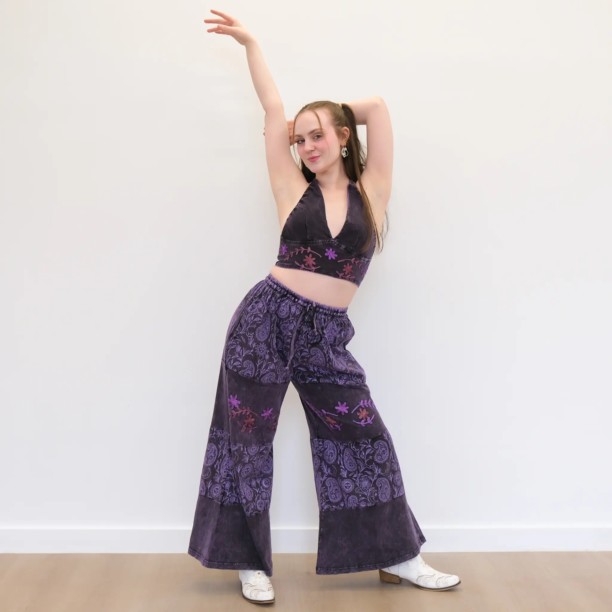 Boho Paisley Embroidered  Wide Leg Pants with Reversible Bralette Set, Whimsy Coord Set, Flare Cotton Pants and Top Set, Stonewashed Earthy Color Pants and Top Set