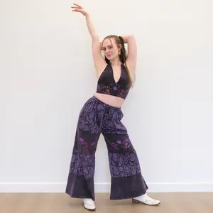 Boho Paisley Embroidered  Wide Leg Pants with Reversible Bralette Set, Whimsy Coord Set, Flare Cotton Pants and Top Set, Stonewashed Earthy Color Pants and Top Set
