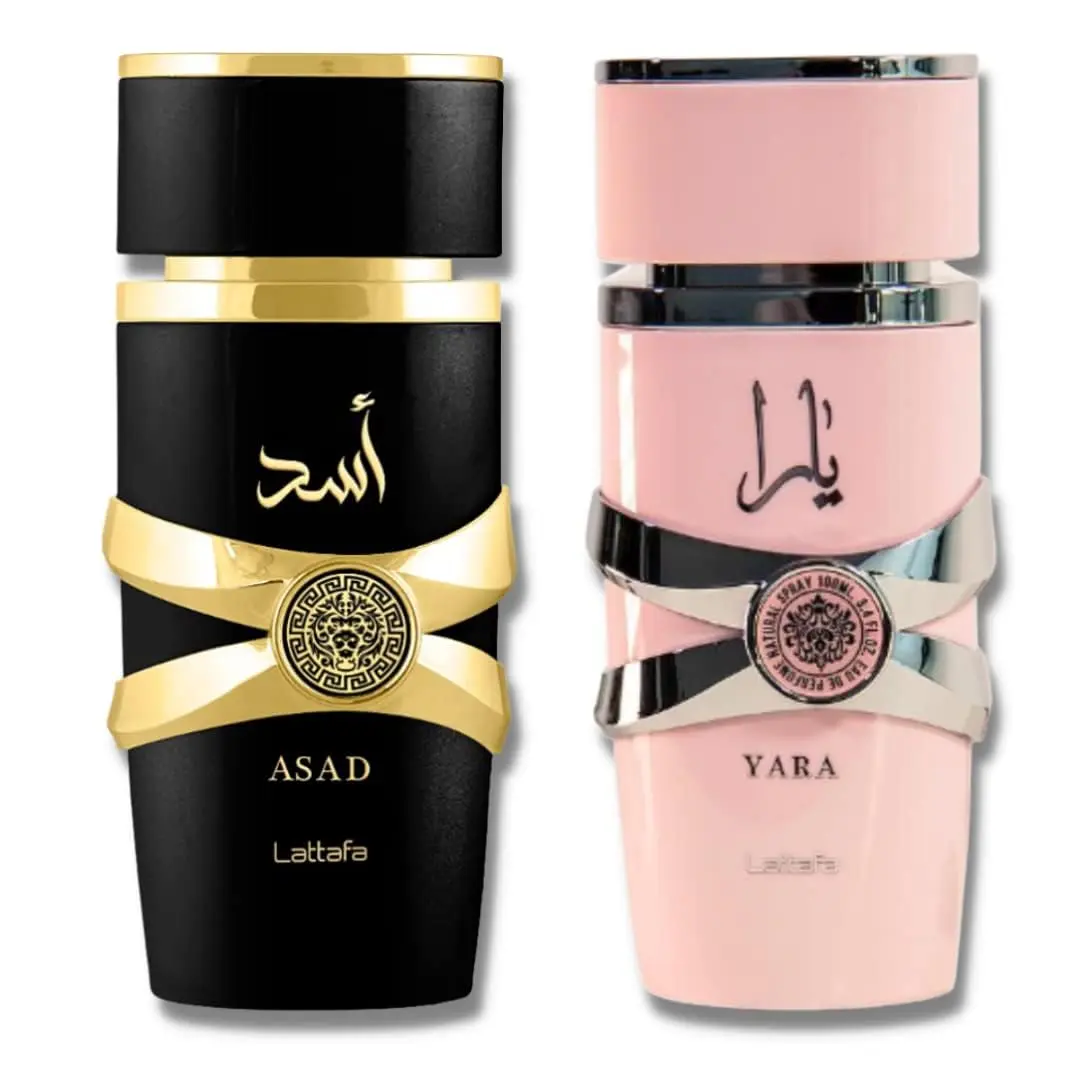 Asad Black Men + Yara Pink Women) 3.4 Ounce/100 ml each for Unisex 2 Piece Eau de Parfum Gift Set