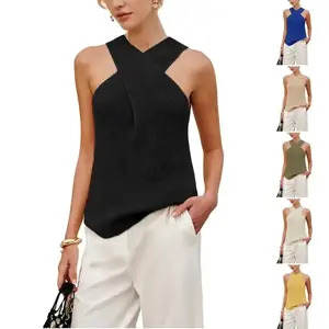 Naeduo Women's Summer FallFreshness Knit Blouse - Fitted Sleeveless Halter Neckline Casual Elegant Solid Color Top for Everyday Wear SpringStatements