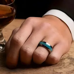 engagement ring, 1pc Men's Stainless Steel Ring with Synthetic Turquoise Stone - 8mm Domed Resin Coated Fashion Accessories, Durable and Beautiful Jewelry, Gift for Boyfriend, Summer Personality