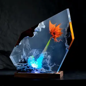 Fire Dragon Figurines - With LED Light Inside - Resin and Wood Art- Unique Gifts