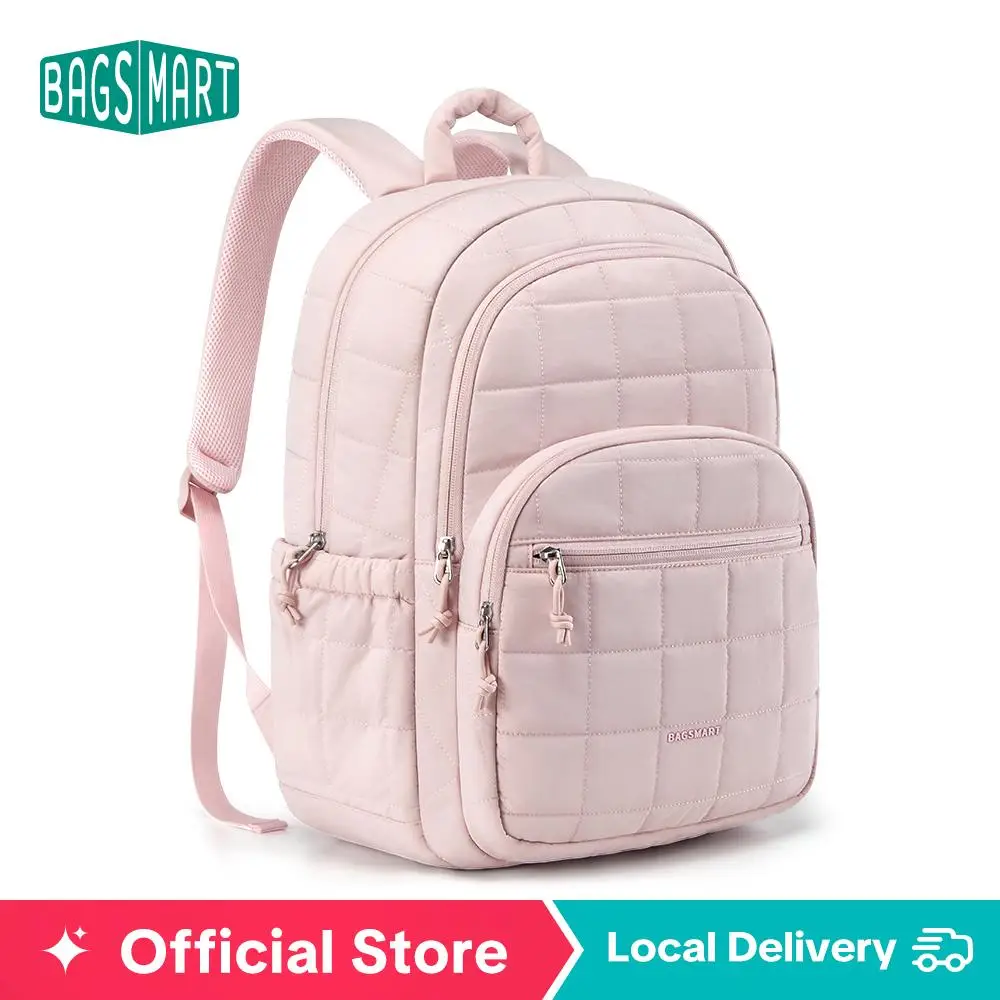 BAGSMART Quilted Laptop 2 Size Backpack for Women–Regular Size with 32OZ Pockets Water-Resistant College & Travel Backpack, Fits 15.6”Laptop and Mini