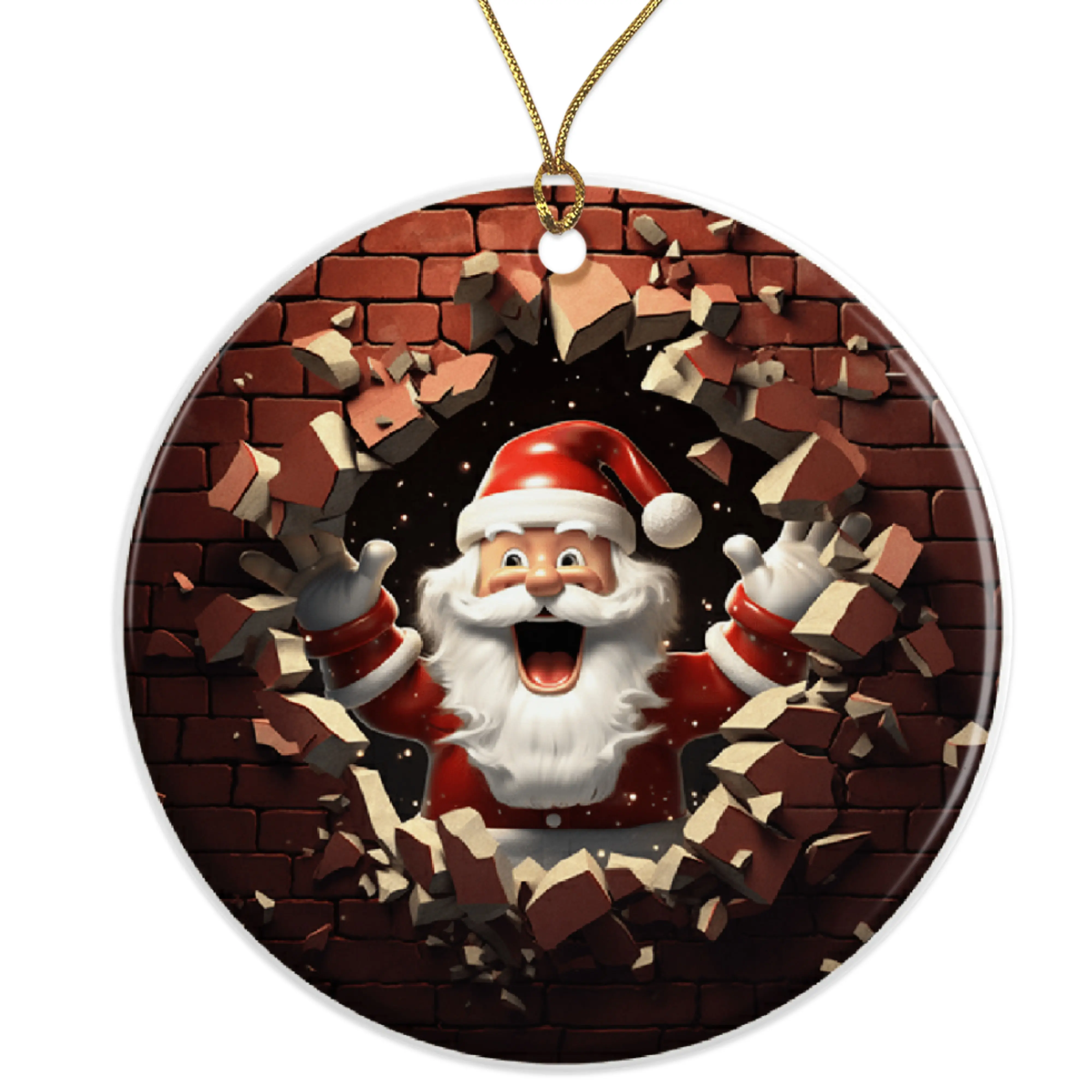 Santa Ornament, Breaking Wall Christmas Ornament, Unique Holiday Decor, Festive Santa Claus Decoration Ceramic Ornament - 3 Inch Christmas Tree Round Ornament - Xmas Holiday Decor - String Included - ORNW0239