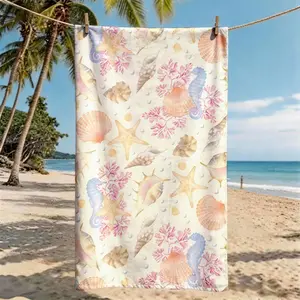 A Watercolor Style Ocean Seashell & Seahorse Printed Design Beach Towel - Oversized, Skin-friendly, Absorbent and Quick-drying, Perfect for Beach and Pool Leisure, Ideal for Summer Trips - Suitable for Seaside Vacations, Pool Parties and Outdoor Picnics