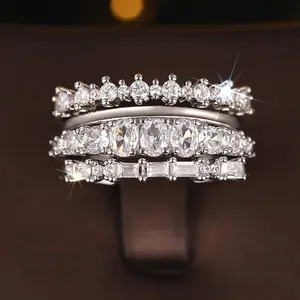4pcs Stackable Ring Set, Baguette & Round Cut CZ Rings, Gold/Silver Plated Eternity Band Rings for Women
