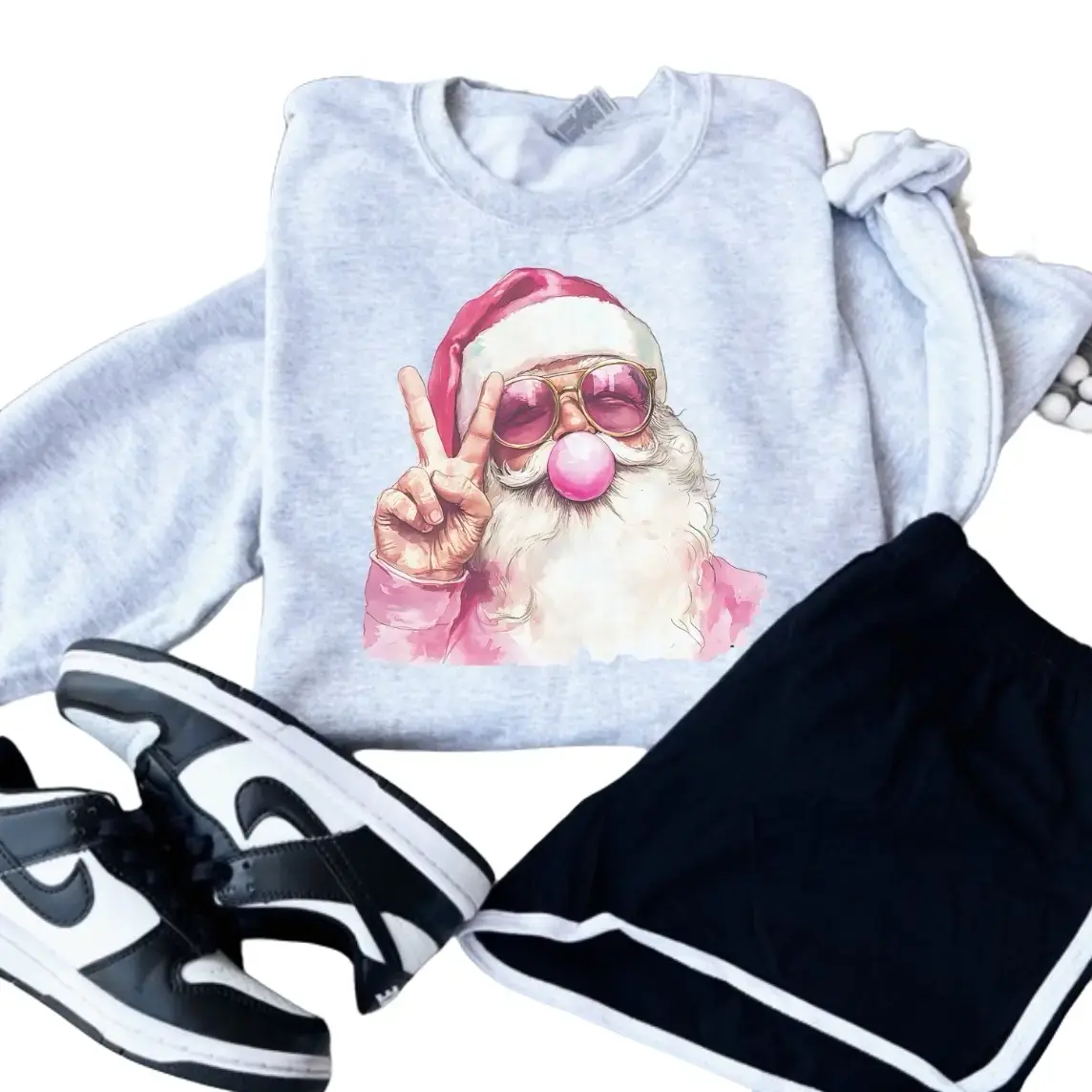 Christmas - Bubblegum Santa Sweatshirt - Ash Grey - Sublimation - Christmas - Unisex Jersey Sweatshirt with Figure Pattern & Crew Neck - Long Sleeve - Casual & Vintage Style - Medium Length - Fitted Fit